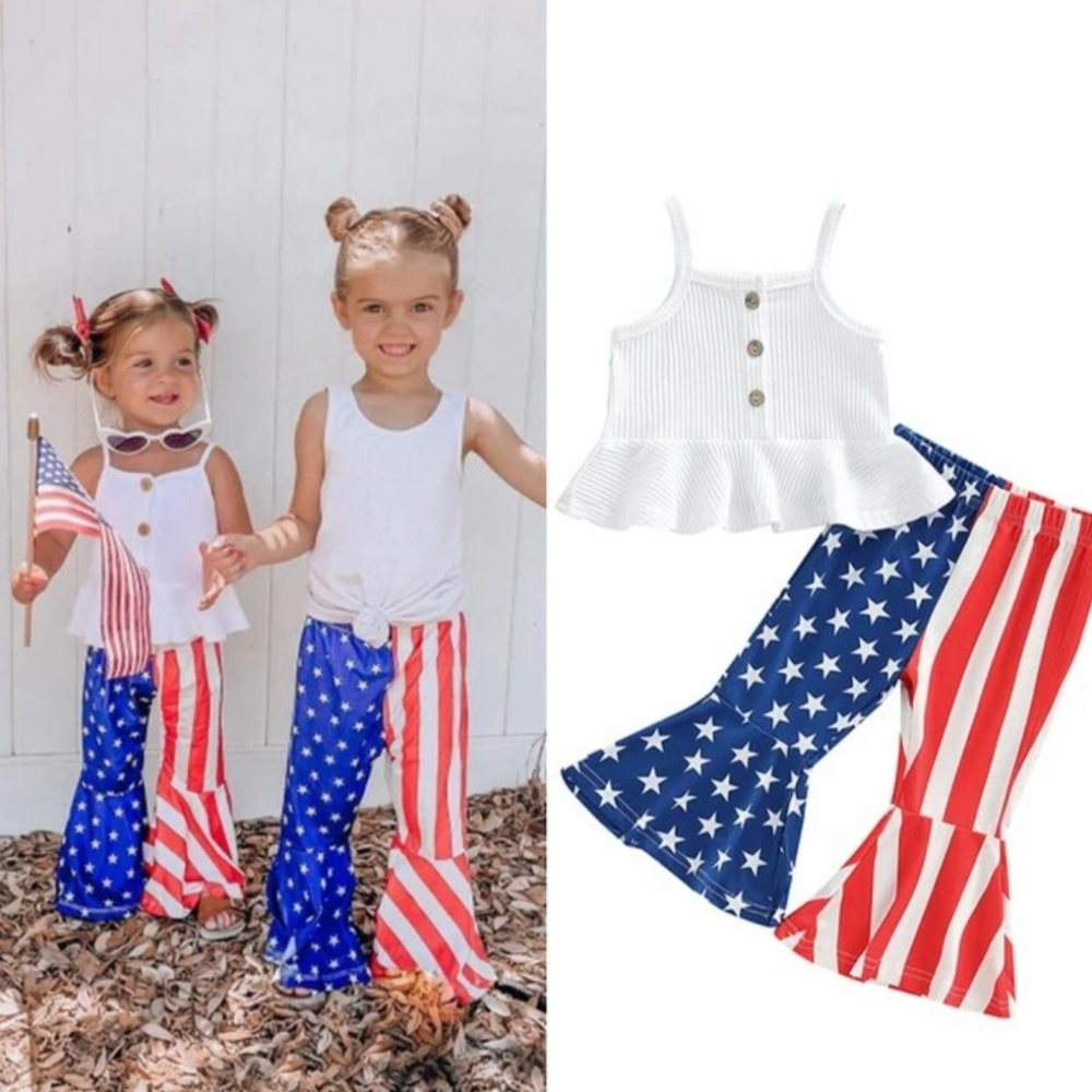Toddler Girl Patriotic Bell Bottom Outfit Stars & Stripes 4th of July Boho Set